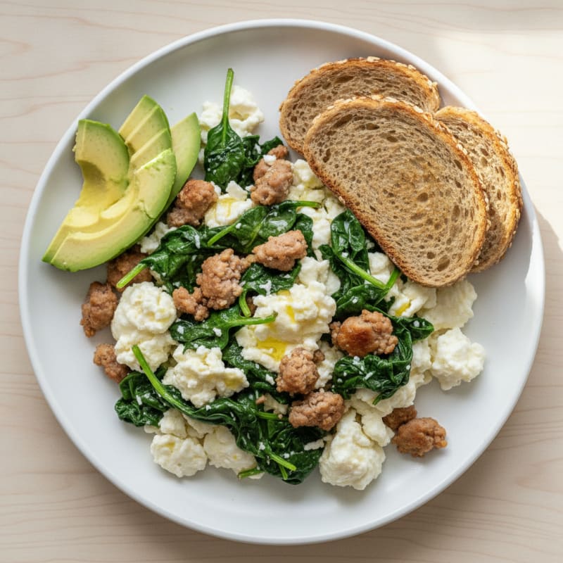 Egg White Scramble with Turkey Sausage and Sautéed Spinach
