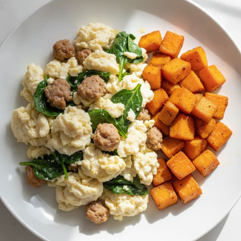 Egg White and Turkey Sausage Scramble with Spinach and Roasted Sweet Potato