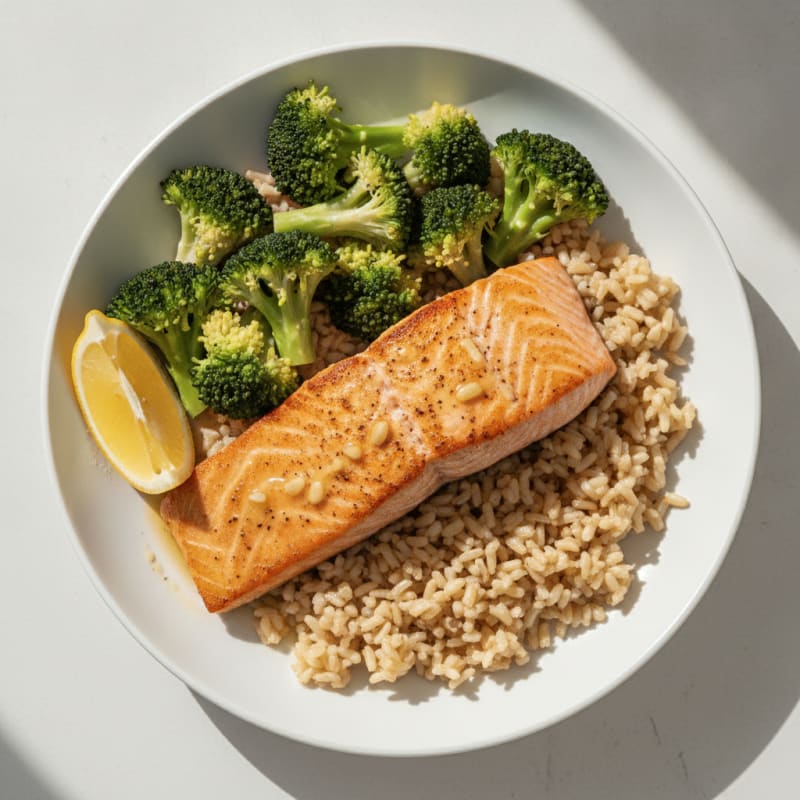 Seared Salmon with Steamed Broccoli and Brown Rice
