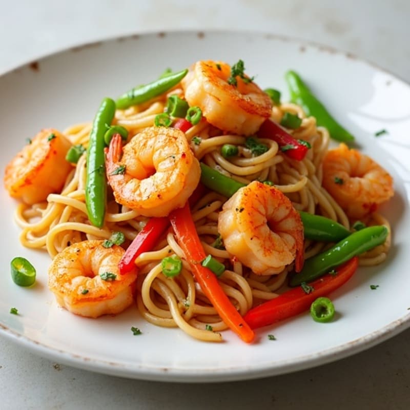 Crispy Shrimp Stir-Fry with Peanut Lime Noodles and Fresh Vegetables
