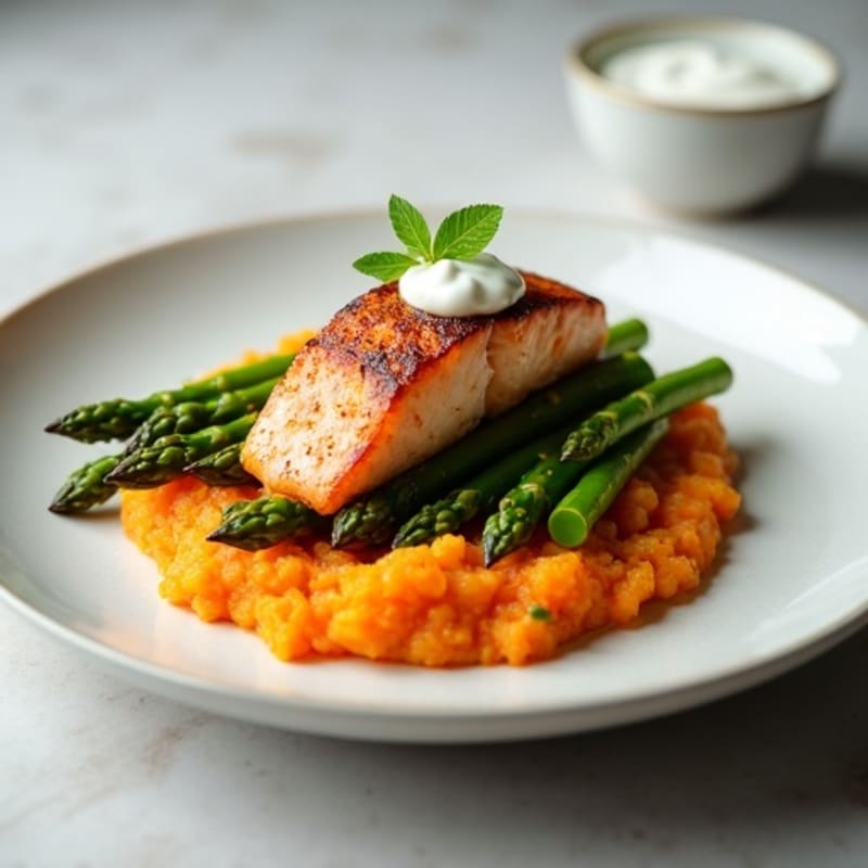 Seared Salmon with Roasted Asparagus and Sweet Potato Mash