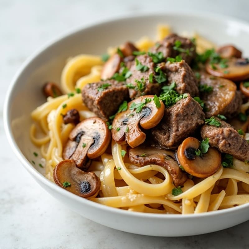 Creamy Lean Beef with Fresh Mushrooms and Whole Grain Noodles