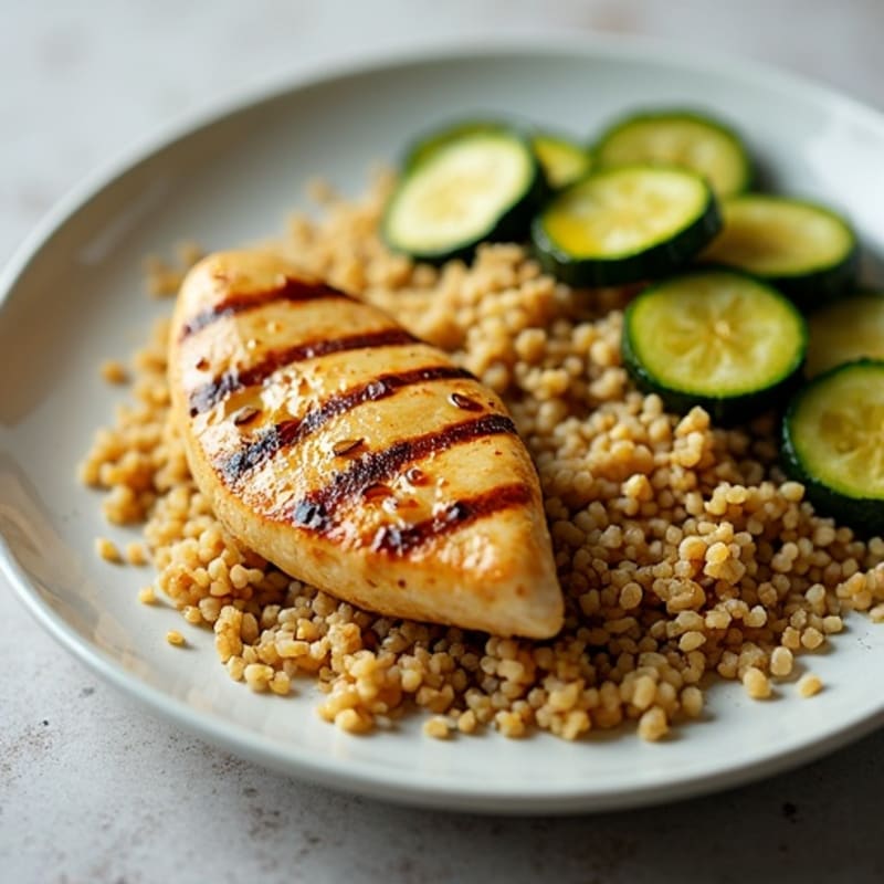 Grilled Chicken Breast with Bulgur Wheat, Sautéed Zucchini and Olive Oil