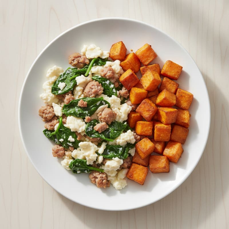 Egg White and Turkey Sausage Scramble with Spinach and Roasted Sweet Potatoes
