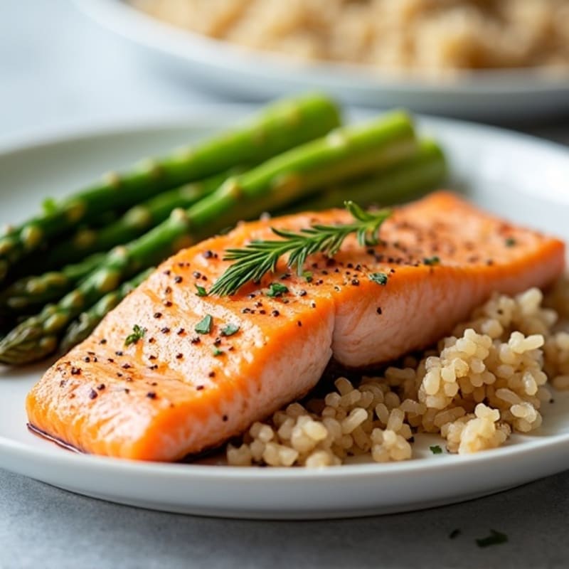 Seared Salmon with Steamed Asparagus and Brown Rice