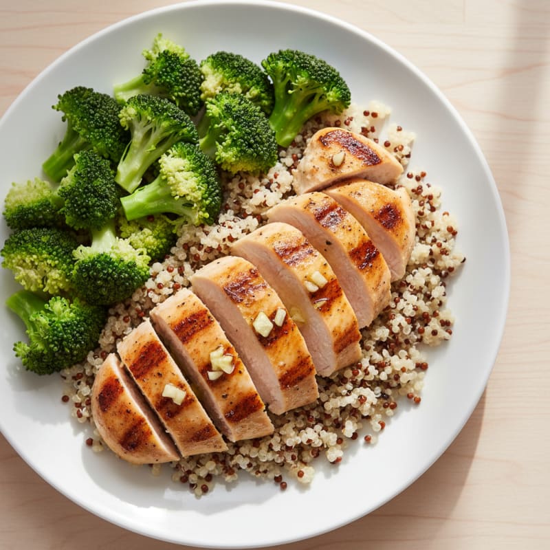 Grilled Lemon Herb Chicken Breast with Quinoa and Steamed Broccoli