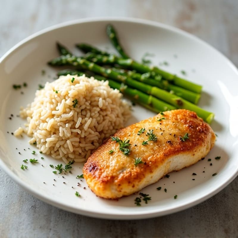 Crispy Lemon Herb Chicken with Roasted Asparagus and Brown Rice