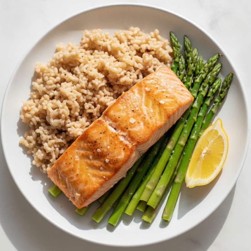Seared Salmon with Steamed Asparagus and Brown Rice