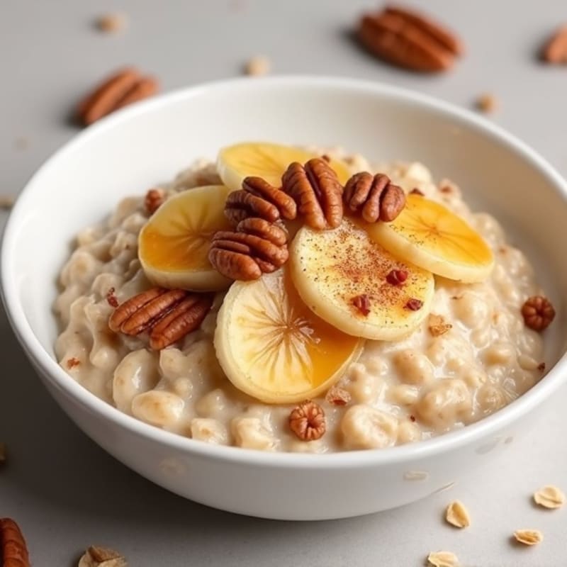 Creamy Protein Oatmeal with Warm Caramelized Bananas and Crunchy Pecans