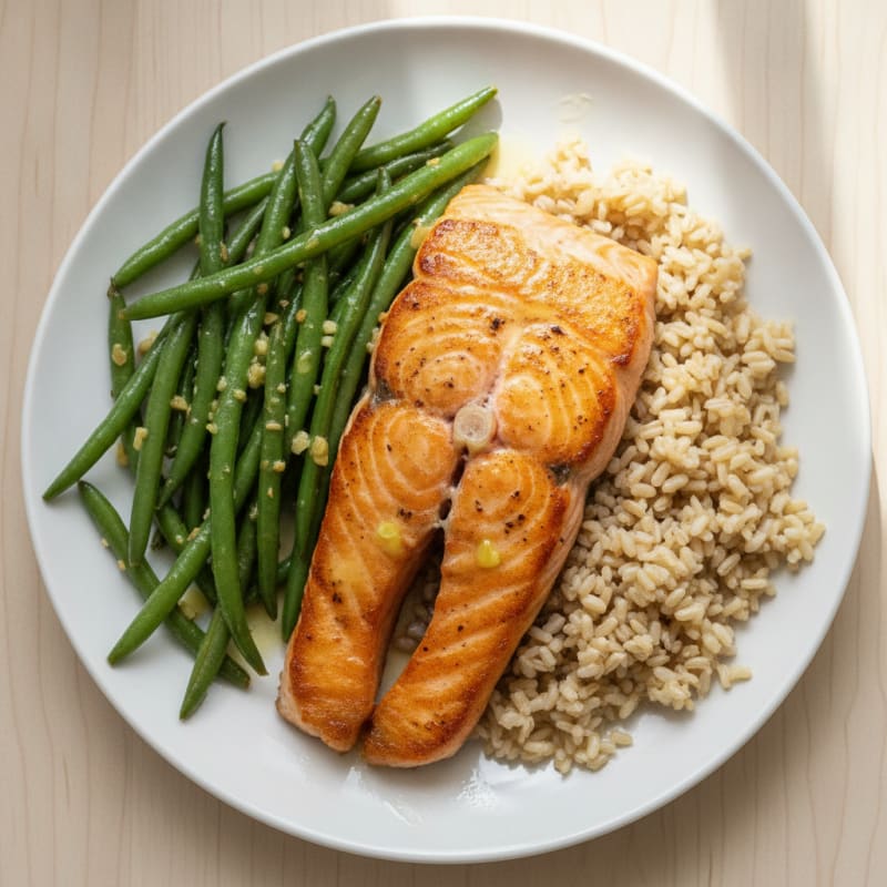 Seared Salmon with Garlic Green Beans and Brown Rice