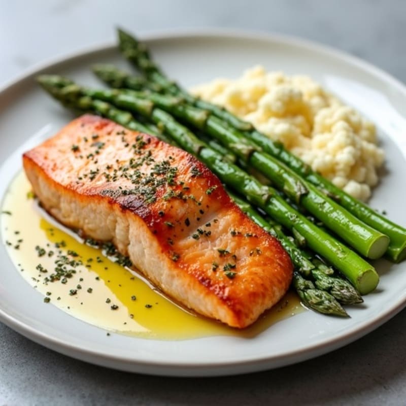 Seared Salmon Fillet with Steamed Asparagus and Cauliflower Mash