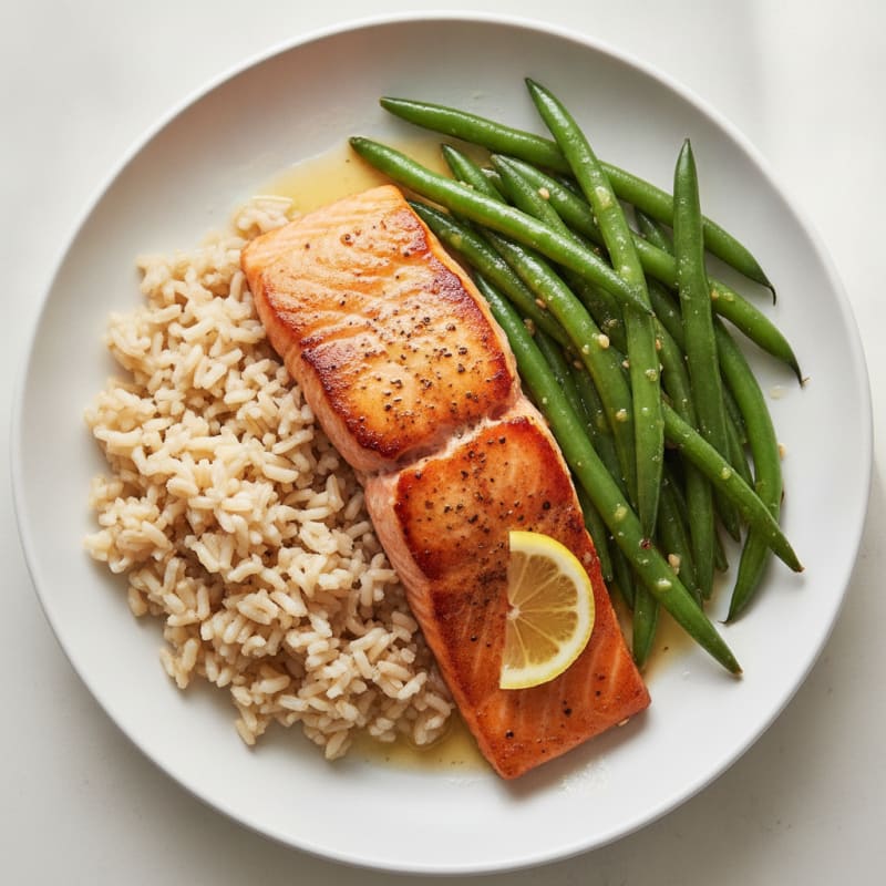 Seared Salmon with Garlic Green Beans and Brown Rice