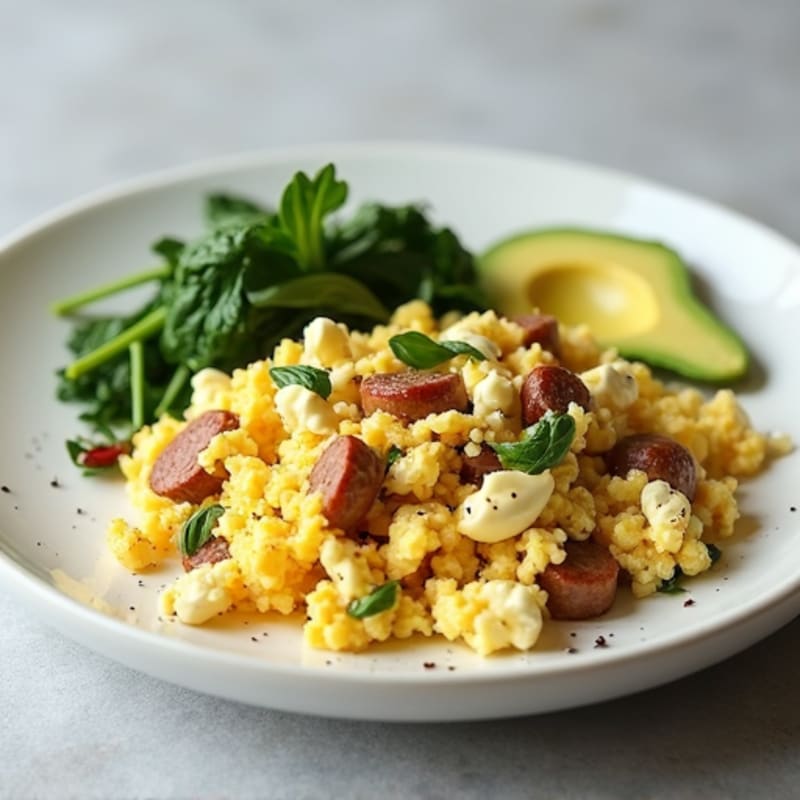 Egg White and Turkey Sausage Scramble with Cottage Cheese and Spinach
