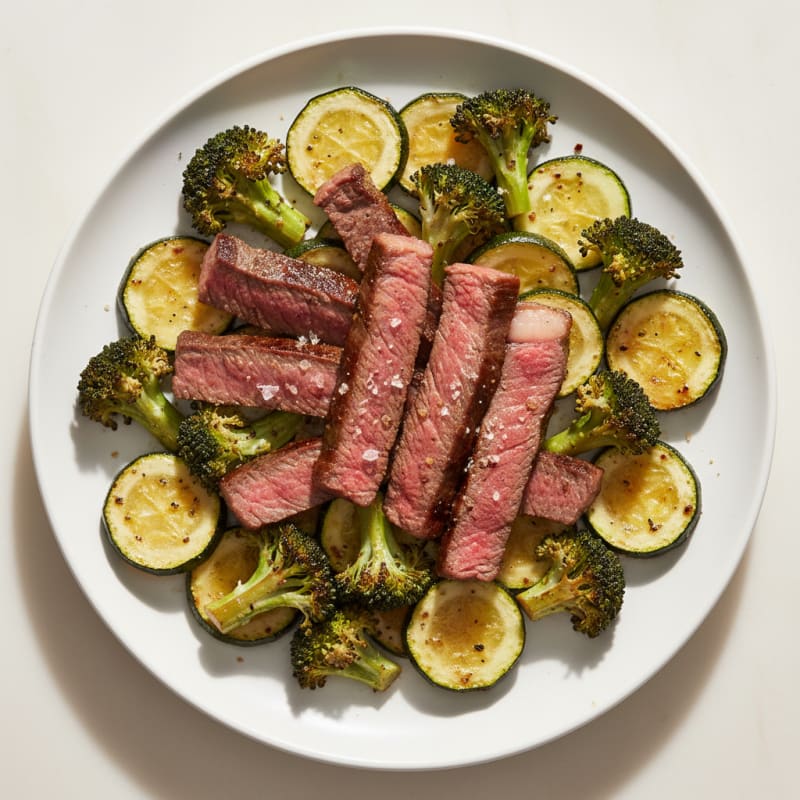 Seared Lean Beef Strips with Roasted Broccoli and Zucchini