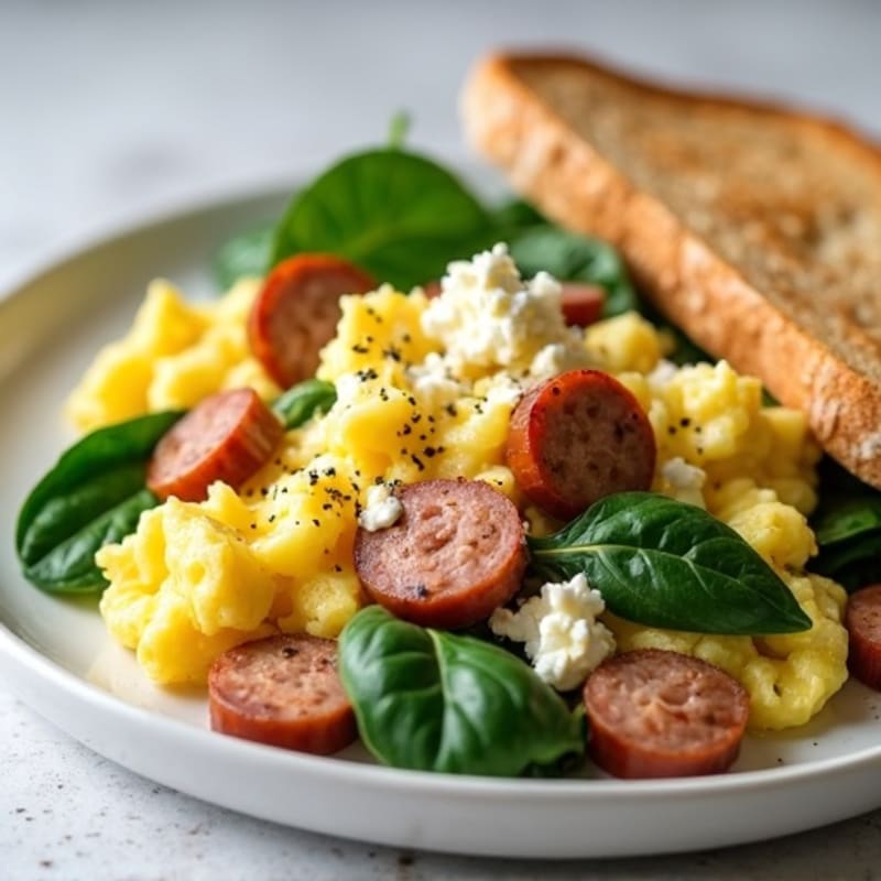 Egg White and Turkey Sausage Scramble with Cottage Cheese and Spinach