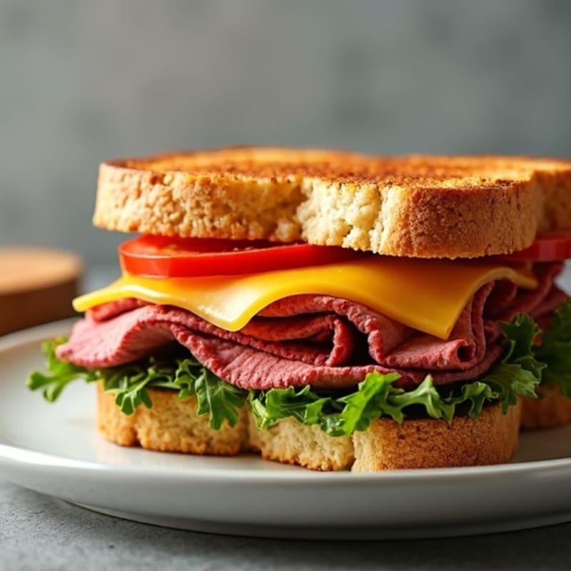 Warm Lean Roast Beef and Sharp Cheddar Melt with Crispy Arugula on Toasted Whole Grain