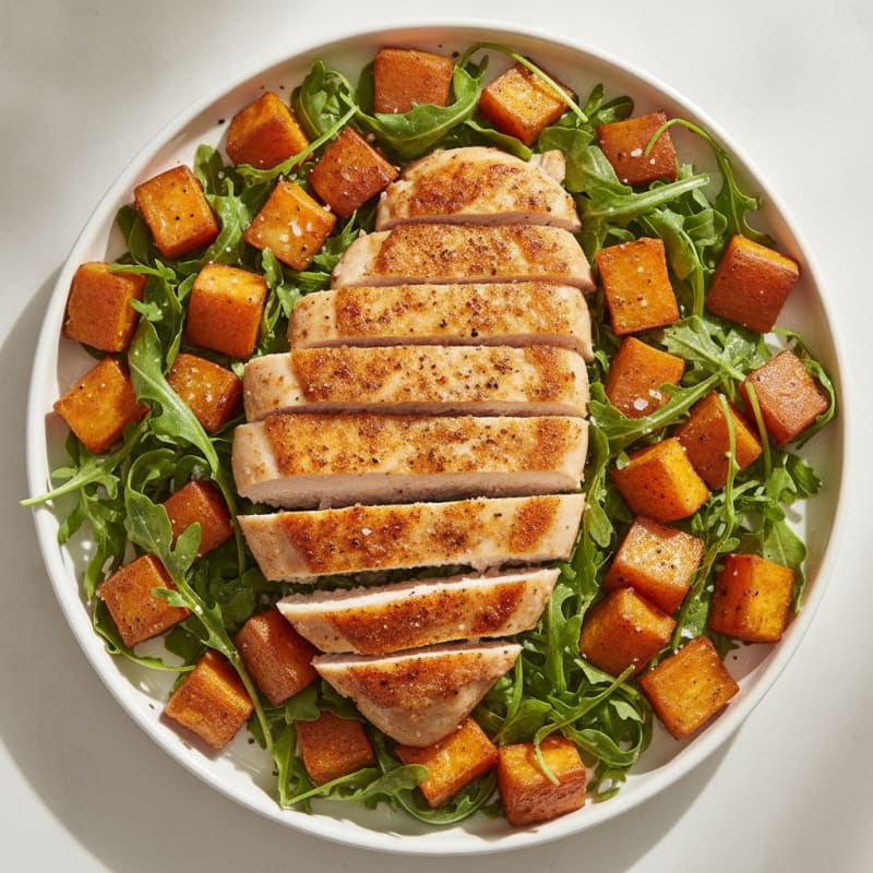 Pan-Seared Chicken with Roasted Sweet Potatoes and Arugula
