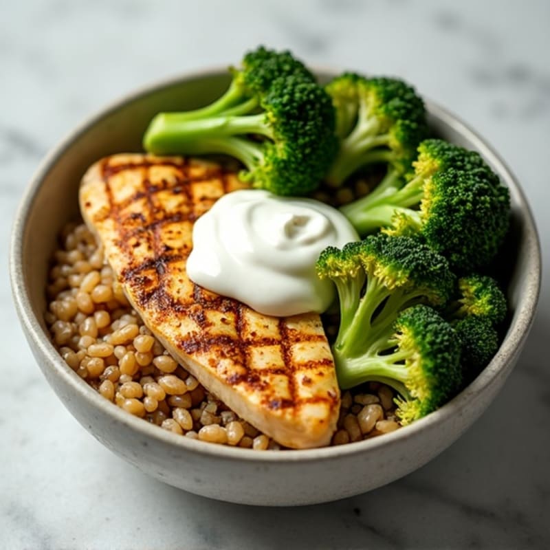Grilled Chicken and Barley Bowl with Roasted Broccoli