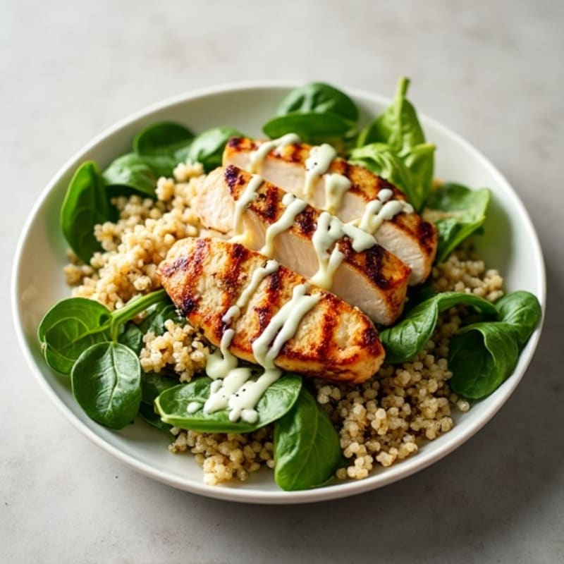 Grilled Chicken and Quinoa Spinach Salad with Lemon Yogurt Dressing