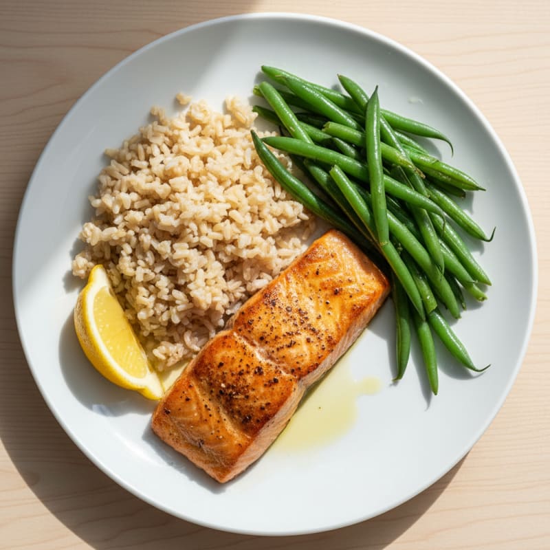 Seared Salmon Fillet with Steamed Green Beans and Brown Rice