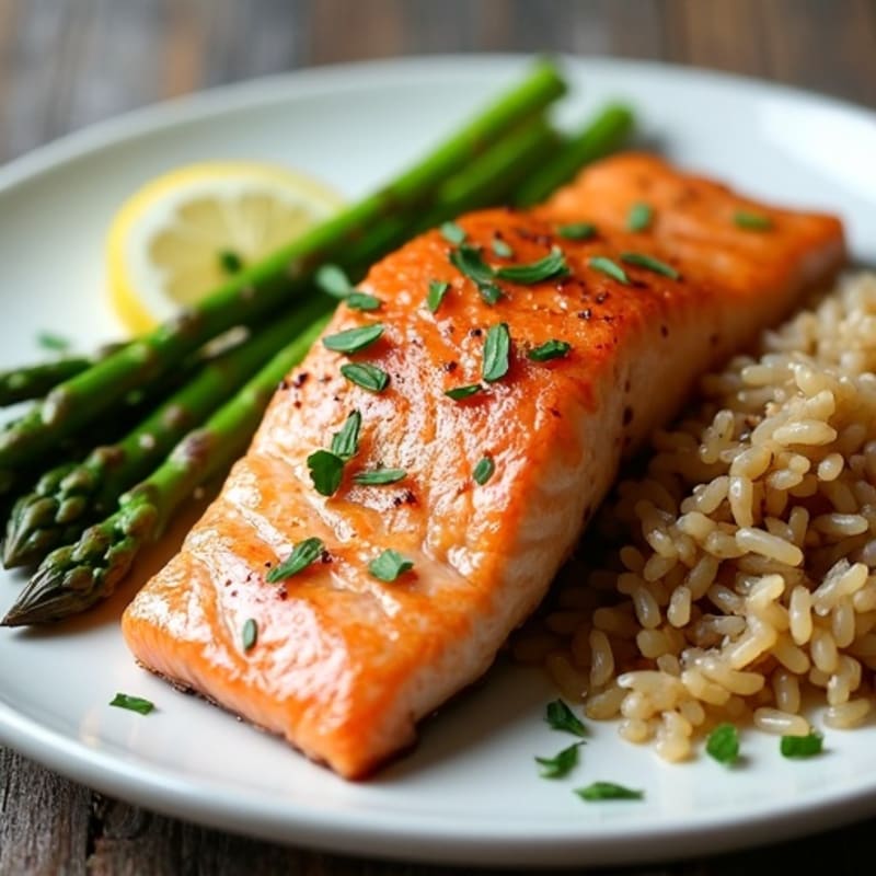 Seared Salmon Fillet with Steamed Asparagus and Brown Rice