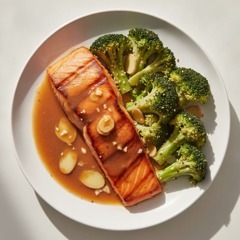 Seared Salmon with Steamed Broccoli and Ginger Soy Glaze