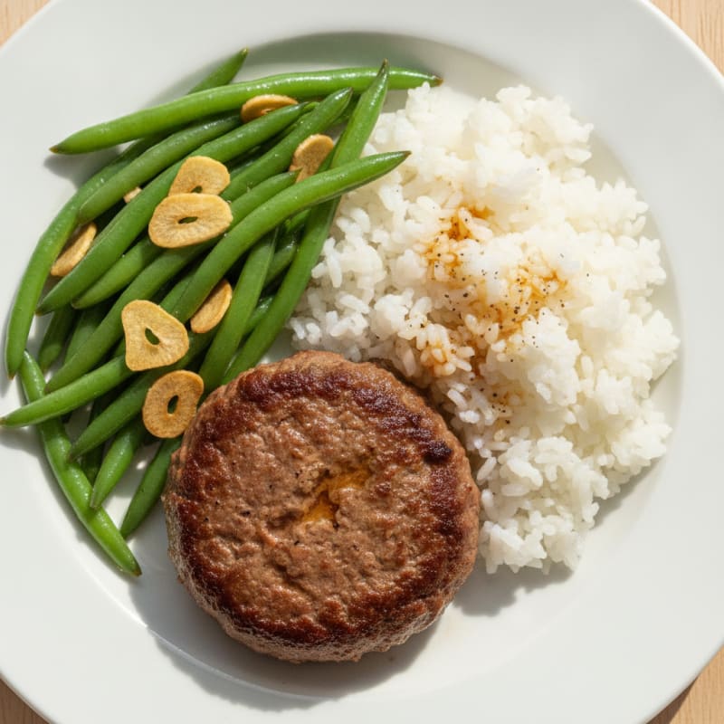 Lean Hamburger Patty with Steamed Rice and Garlic Green Beans