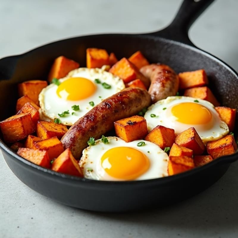 Crispy Sweet Potato and Lean Turkey Sausage Skillet with Fresh Scrambled Eggs