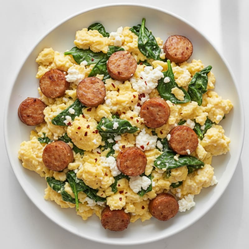 Cottage Cheese Scramble with Turkey Sausage and Spinach