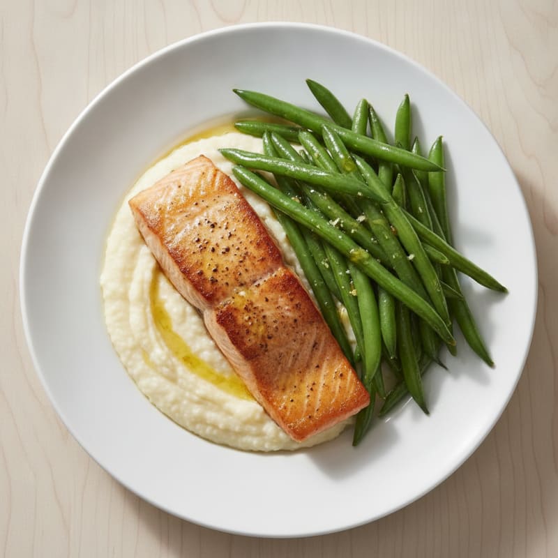 Seared Salmon with Steamed Green Beans and Cauliflower Mash