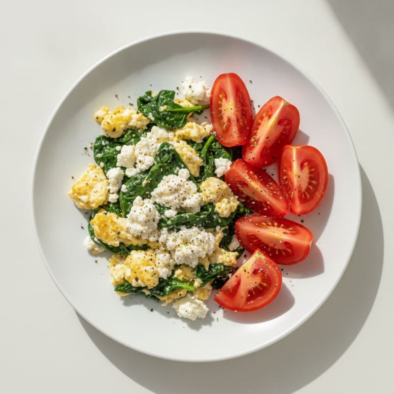 Egg White Spinach Scramble with Cottage Cheese and Sliced Tomatoes