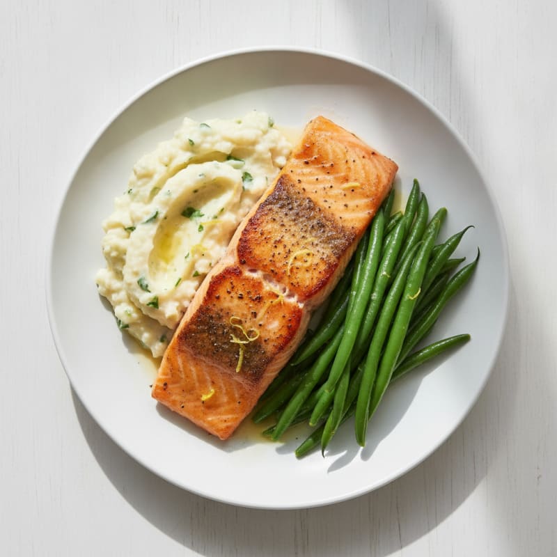 Seared Salmon with Steamed Green Beans and Garlic Mashed Cauliflower