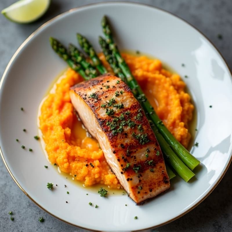 Seared Salmon with Steamed Asparagus and Sweet Potato Mash
