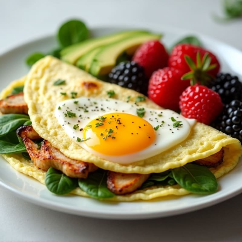 Egg White Spinach Omelet with Grilled Chicken and Fresh Berries