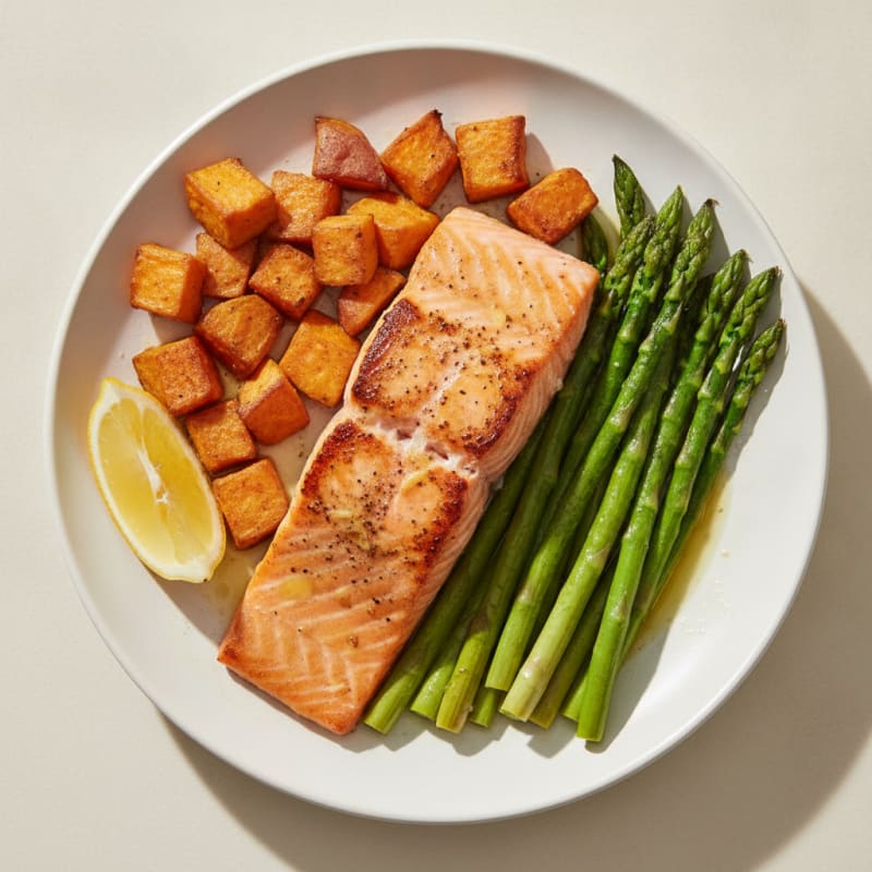 Seared Salmon with Roasted Sweet Potato and Asparagus