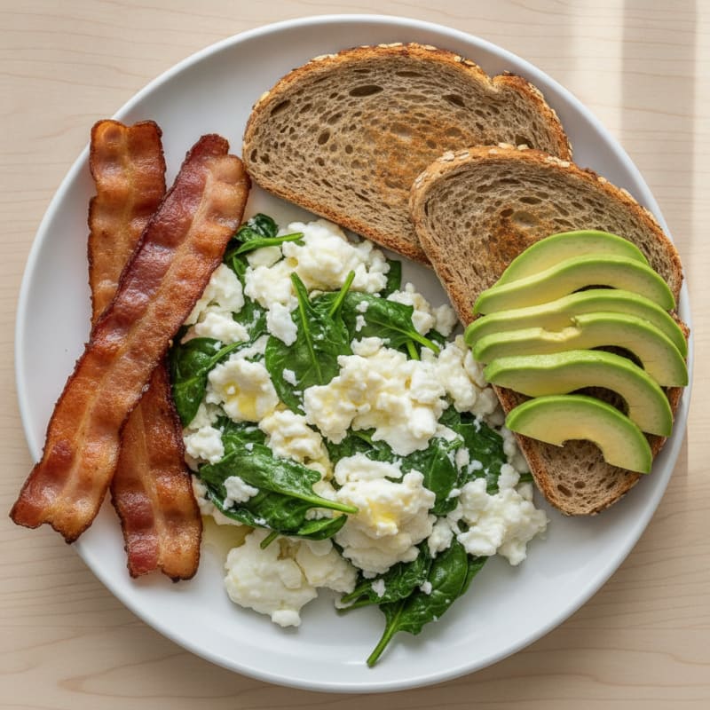 Crispy Turkey Bacon and Egg White Scramble with Spinach