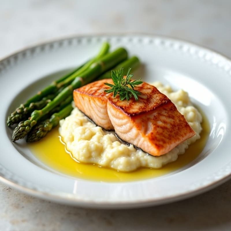 Seared Salmon Fillet with Steamed Asparagus and Cauliflower Mash