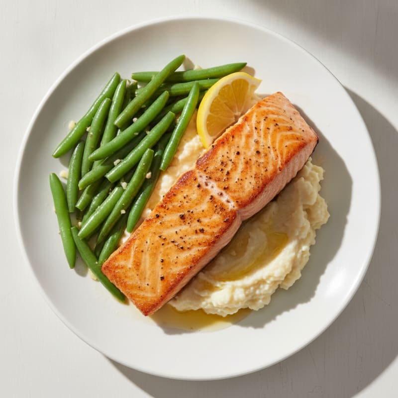 Seared Salmon Fillet with Garlic Green Beans and Cauliflower Mash