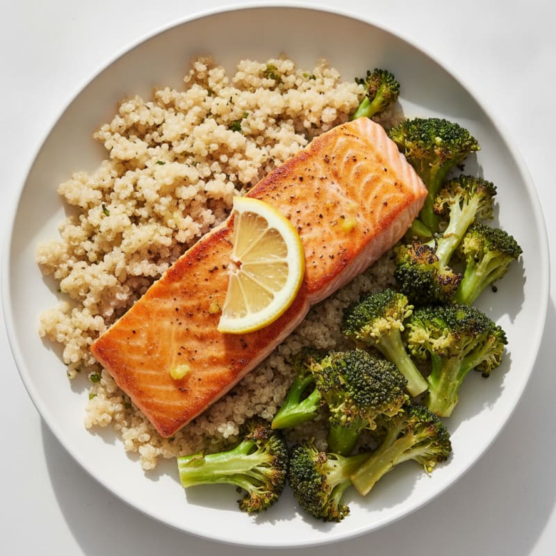 Seared Salmon with Roasted Broccoli and Quinoa