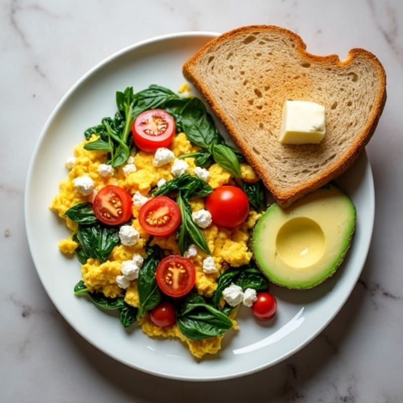 Cottage Cheese Egg White Scramble with Spinach and Cherry Tomatoes