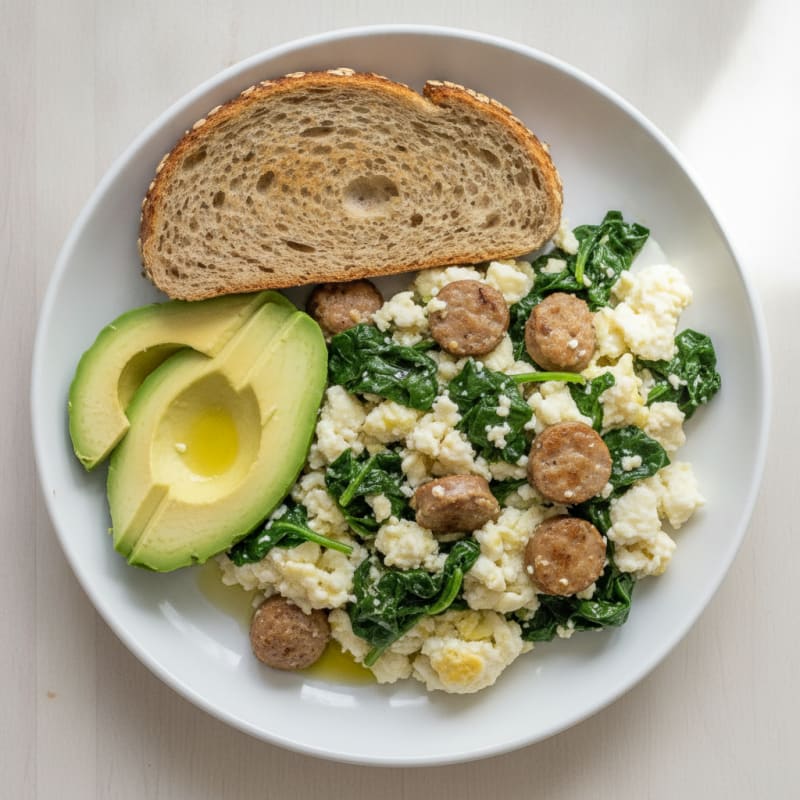 Egg White and Turkey Sausage Scramble with Sautéed Spinach