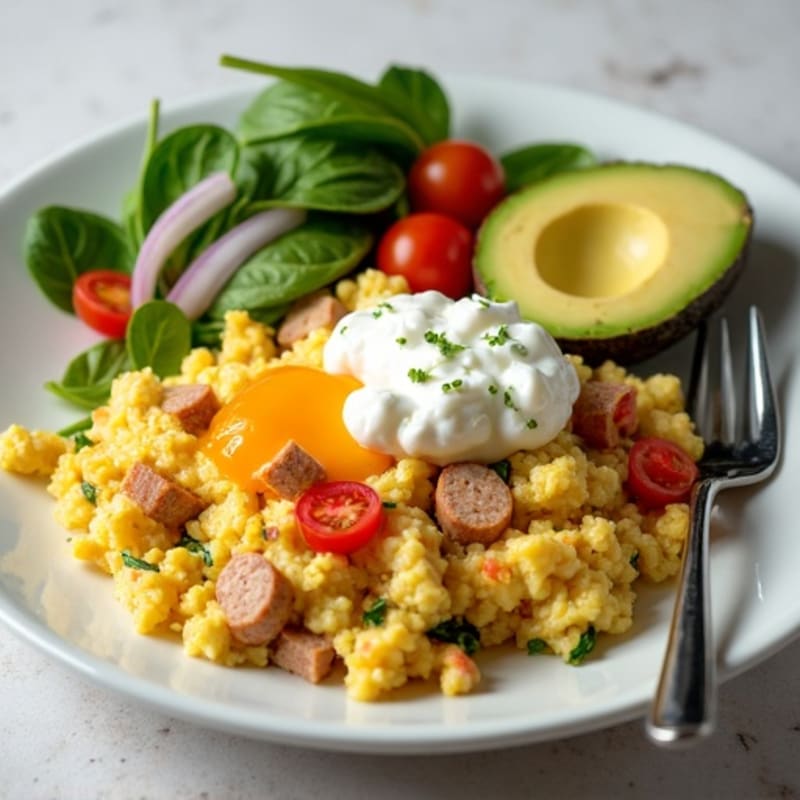 Egg White Scramble with Chicken Sausage and Cottage Cheese