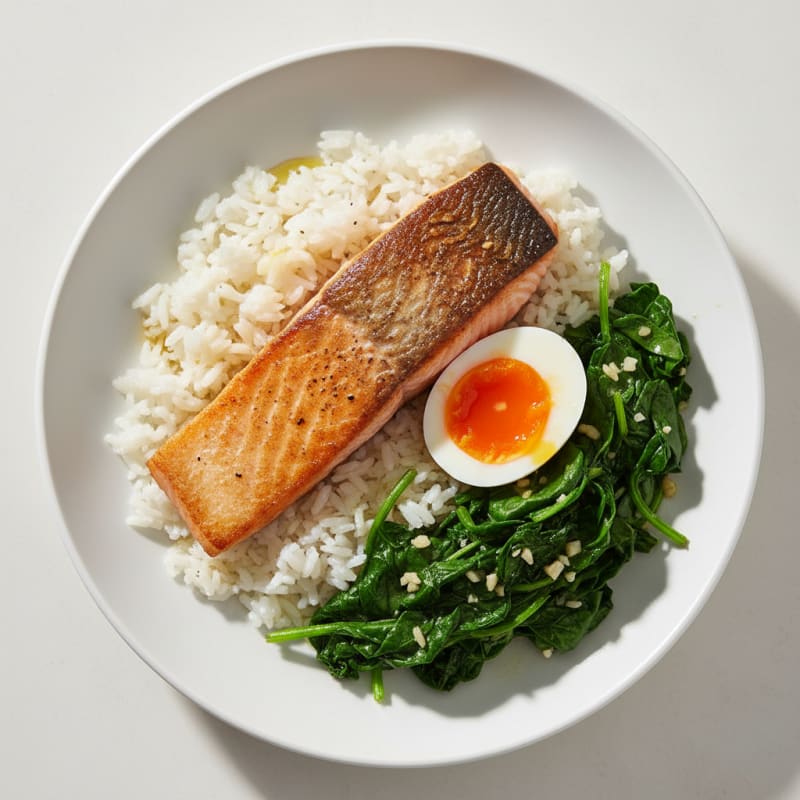 Pan-Seared Salmon with Garlic Spinach and Rice
