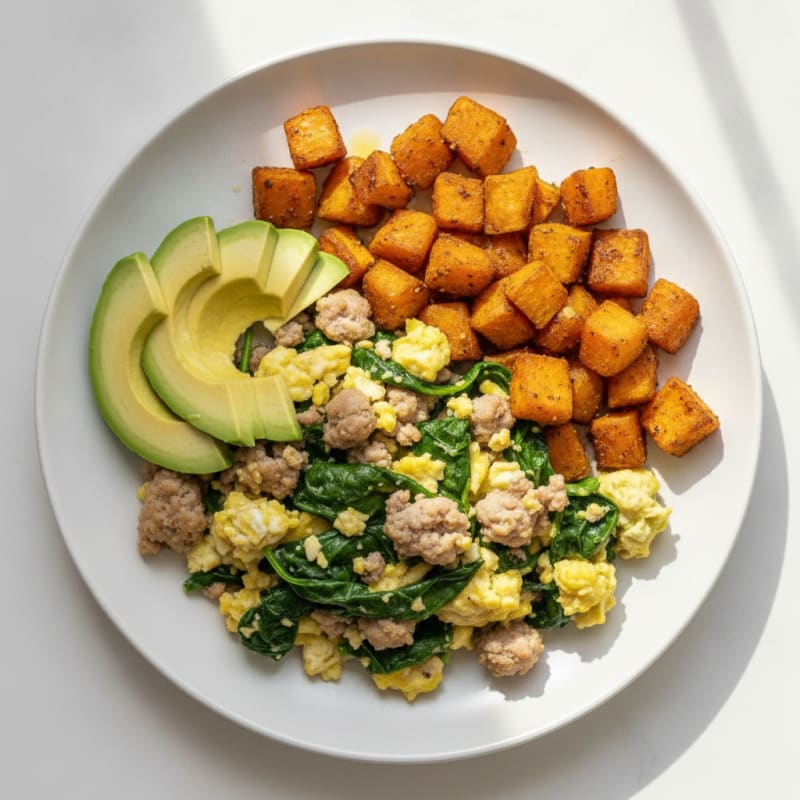 Egg and Turkey Sausage Scramble with Spinach and Roasted Sweet Potatoes