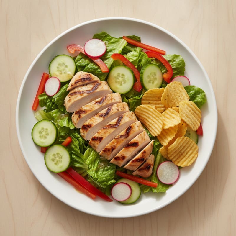 Grilled Chicken Salad with Crunchy Veggies and Siete Chips