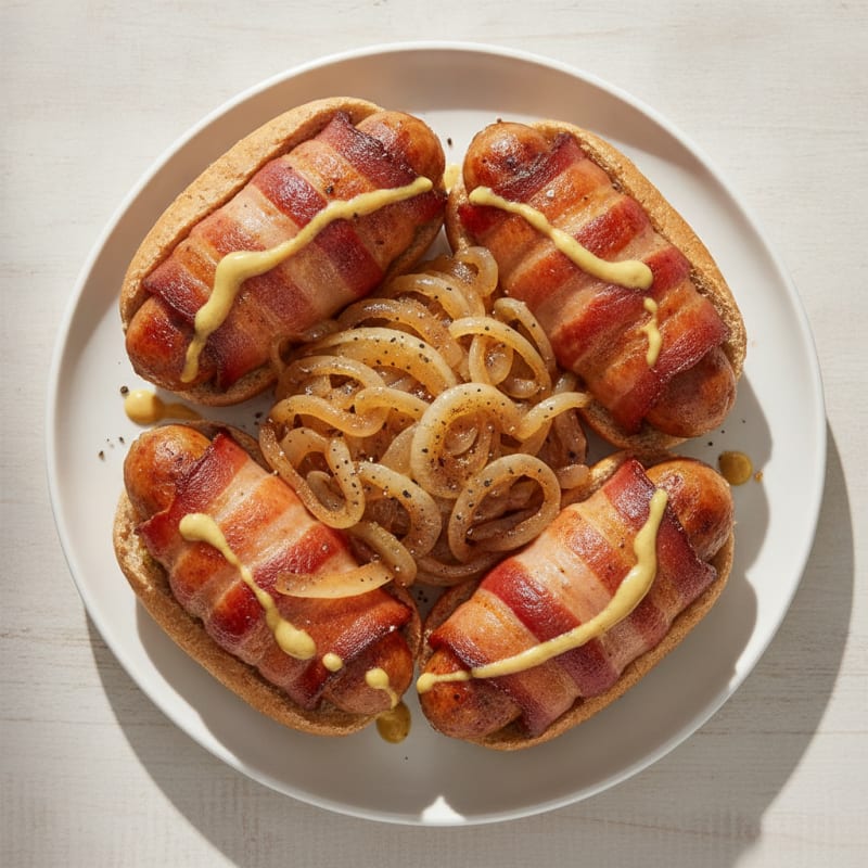 Bacon-Wrapped Hot Dogs with Caramelized Onions