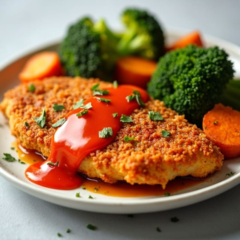Crispy Buffalo Chicken with Roasted Sweet Potatoes and Broccoli