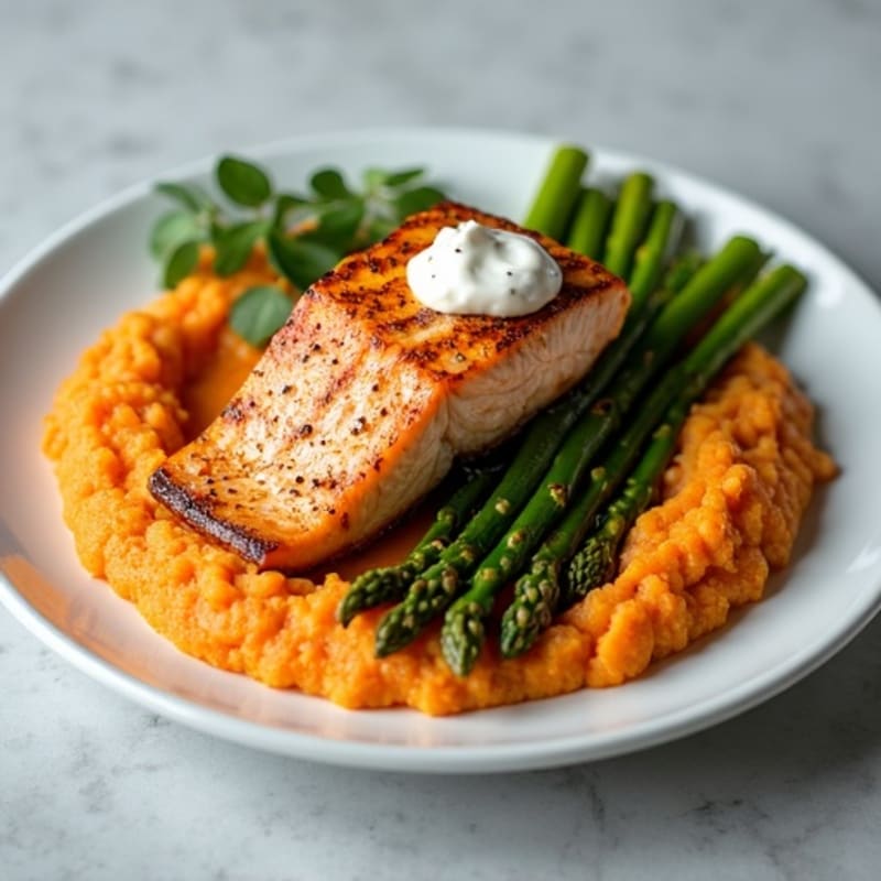 Seared Salmon with Roasted Asparagus and Sweet Potato Mash
