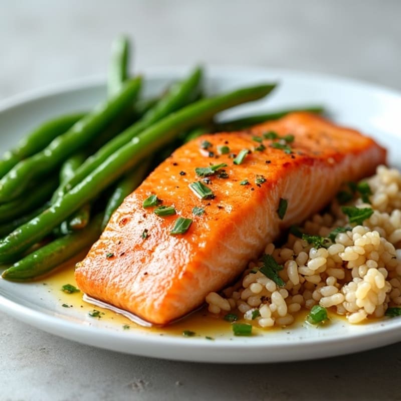 Seared Salmon with Garlic Green Beans and Brown Rice