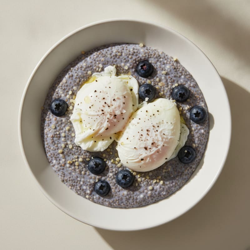Blueberry Chia Pudding with Poached Eggs